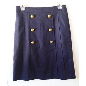 J Crew Skirt 6 Navy Gold Button High Rise Nautical Preppy Schoolgirl Linen Blend